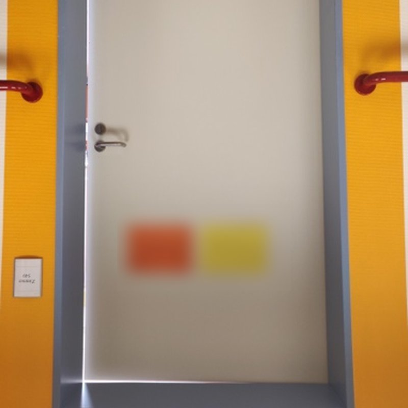 A door in a yellow frame on a clinic ward. Name cards are blurred.