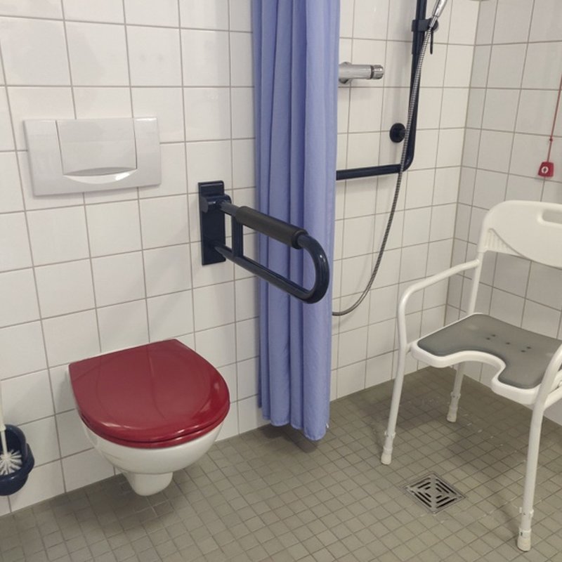 A washroom with a red toilet seat and dark grab rails.