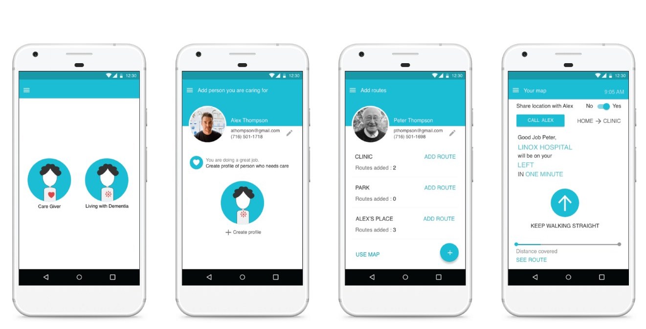 Four screens of the first app: choose a role, create a profile, add places and routes, and walking directions.