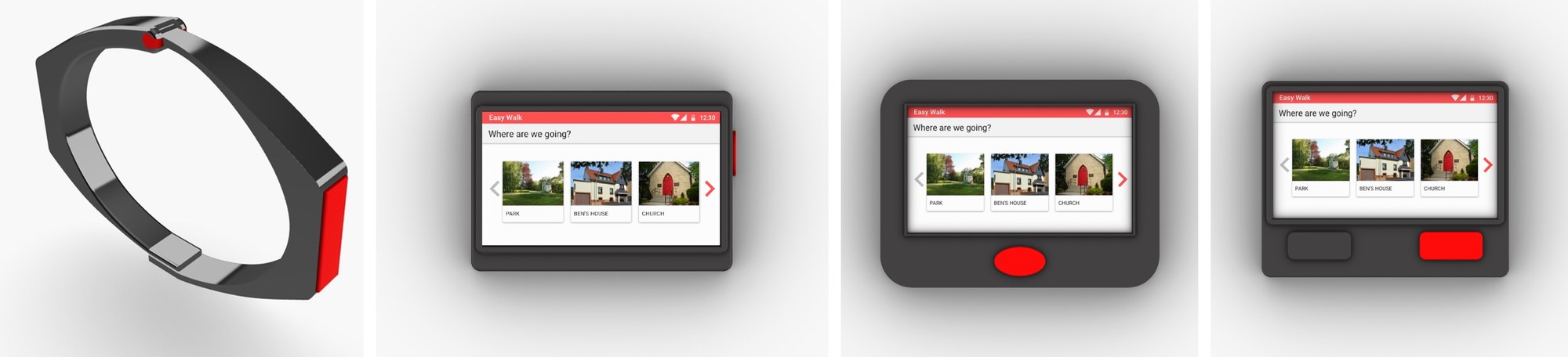 Renders of the armband with a red call button, and three handheld forms showing photos of places to choose from.