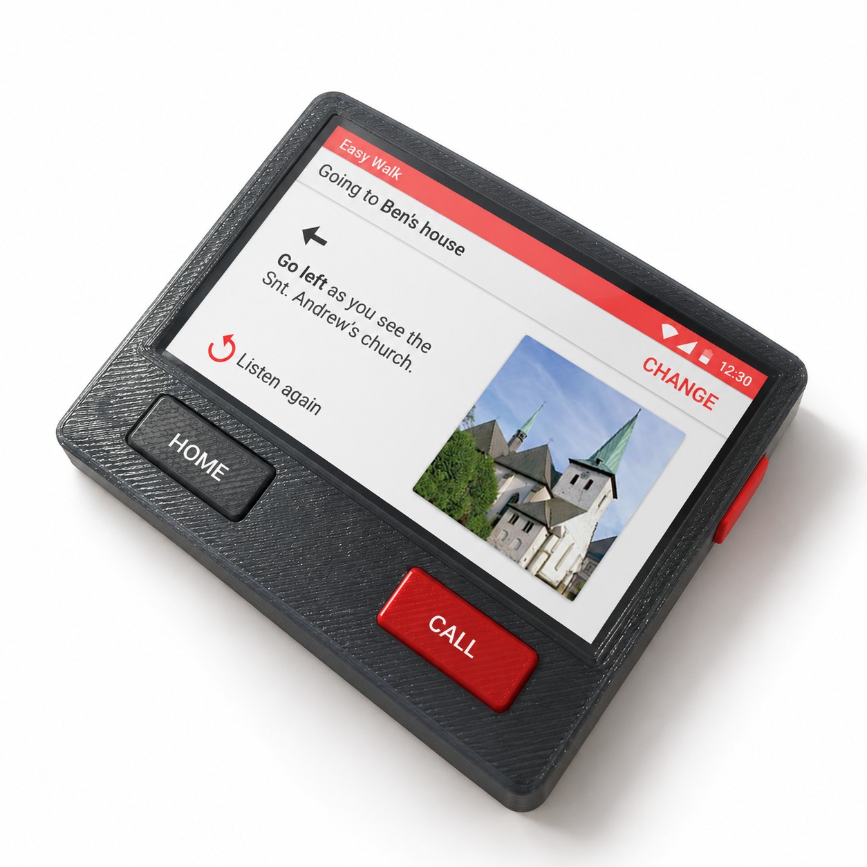 The handheld prototype: a dark textured body with HOME and CALL buttons below a screen that says, going to Ben’s house, go left as you see St. Andrew’s church, with a photo of the church.